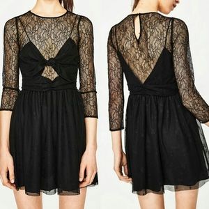 ZARA Black Mini Dress with Lace and Bow Size XS